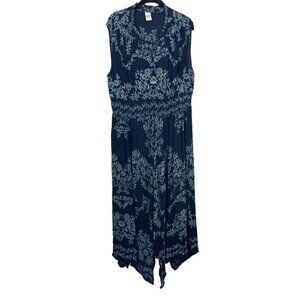 Bila Navy Blue Floral Print Asymmetrical Hem Maxi Dress Boho Indie - Size XL